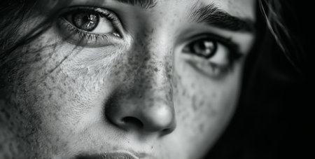 A woman gazes into the distance with water droplets on her skin, capturing a moment of reflection on a rainy day with dramatic lighting and strong emotional expression.の素材