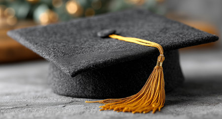 A black graduation cap sits neatly on a gray surface, showing its gold tassel that hangs gracefully to one side, symbolizing academic achievement.の素材