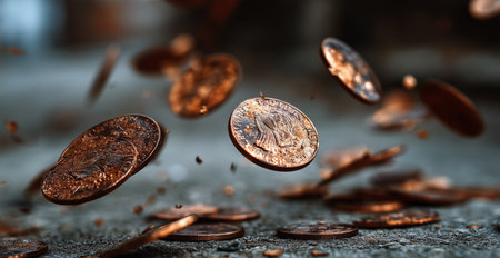 A collection of copper coins is captured mid-air, creating a dynamic scene. The coins are tumbling against a soft, blurred background, emphasizing movement and depth.の素材