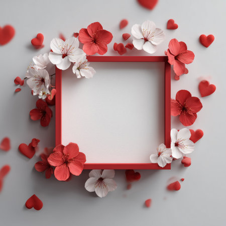 Bright red and white flowers arranged around a square frame create a festive and romantic feel. Hearts and petals accentuate the display, ideal for special occasions.の素材
