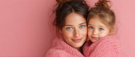 A mother and her young daughter smile happily while wrapped in matching pink sweaters. They are close together, showcasing their loving bond and joy in a bright, cheerful setting.の素材