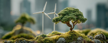 Small model featuring wind turbines and a tree set against a blurred city skyline. The scene highlights nature and renewable energy in an urban environment during twilight.の素材