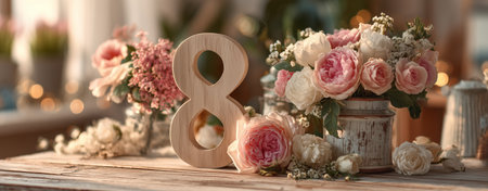 A stunning arrangement of pink and cream flowers sits on a rustic table with a wooden number 8.の素材
