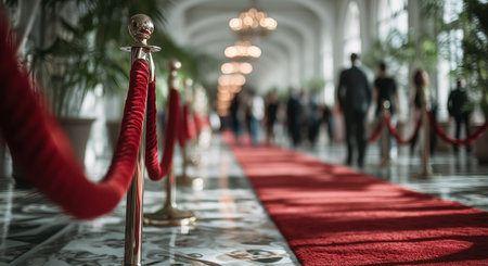 Guests line up along a red carpet in a luxurious hotel corridor, surrounded by lush greenery and chandeliers, creating an elegant atmosphere for a special occasion.の素材