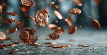 Copper coins are scattered and floating above a textured gray surface, reflecting warm light and creating a dynamic visual.の素材