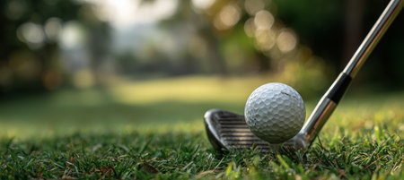A golf club is poised above a white ball on lush green grass as sunlight filters through trees in a calm, serene atmosphere. The scene captures the essence of a beautiful afternoon.の素材