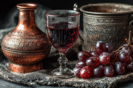 A cold drink sits beside a bunch of red and black grapes on a textured dark stone surface. The drink glistens with condensation, indicating a chill.の素材
