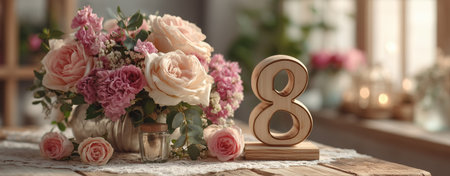A stunning arrangement of pink and cream flowers sits on a rustic table with a wooden number 8.の素材