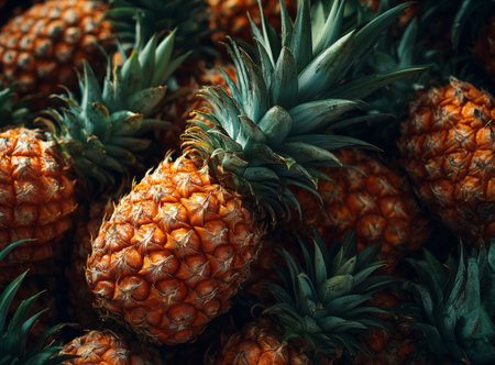 A vibrant display of ripe pineapples fills a market scene, showing their textured skin and green crowns under bright sunlight, inviting shoppers to enjoy tropical flavors.の素材