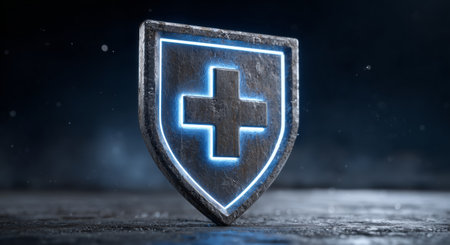 A neon shield with a glowing cross is displayed on a dark background.の素材