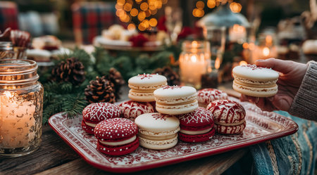 A person holds a white macaron while several red and white decorated macarons sit on a tray. The scene is warm and festive with soft lighting and holiday decorations.の素材
