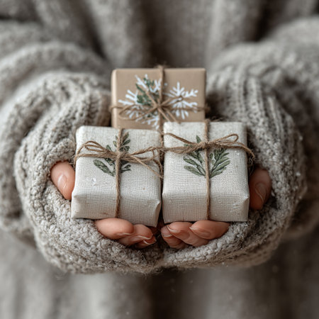 Soft hands in a knitted sweater hold gently wrapped gifts adorned with natural twine and decorative greenery. The scene radiates warmth and festive spirit.の素材