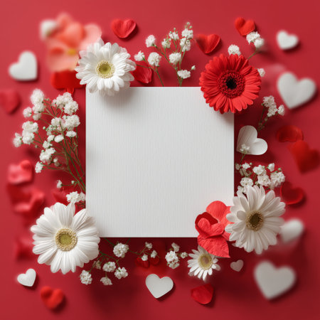 Bright red and white flowers create a decorative frame with heart shapes around a blank center, suitable for various celebrations and romantic moments.の素材