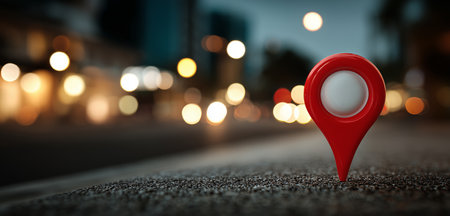 A bright red location marker stands on a wet street in the city at night. Blurred lights from cars and buildings create a vibrant urban atmosphere.の素材