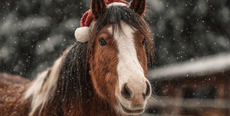 A brown and white horse stands in a snowy field, adorned with a festive red hat. Soft snowflakes fall around as winter scenery enhances the holiday spirit.の素材