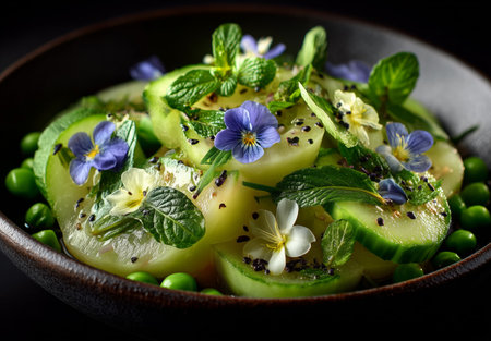 Bright green cucumber slices are arranged with peas and garnished with mint leaves and colorful edible flowers, creating a vibrant salad perfect for a light meal or appetizer.の素材