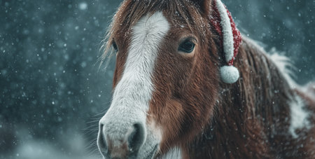 A brown and white horse stands in a snowy field, adorned with a festive red hat. Soft snowflakes fall around as winter scenery enhances the holiday spirit.の素材