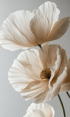 A soft peach flower stands tall against a light background. Its delicate petals reveal intricate textures, while vibrant pollen adds a touch of color to the center.の素材
