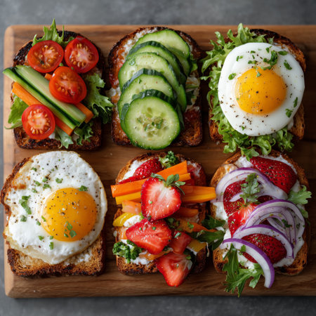 A variety of toasted bread topped with fresh vegetables, eggs, and fruits is arranged on a wooden board. The meal showcases bright colors and healthy ingredients, perfect for brunch.の素材