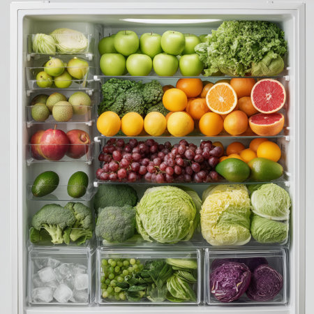 Bright green vegetables and colorful fruits are neatly arranged in a refrigerator. This setup encourages healthy eating and meal preparation, showing an abundance of fresh produce.の素材