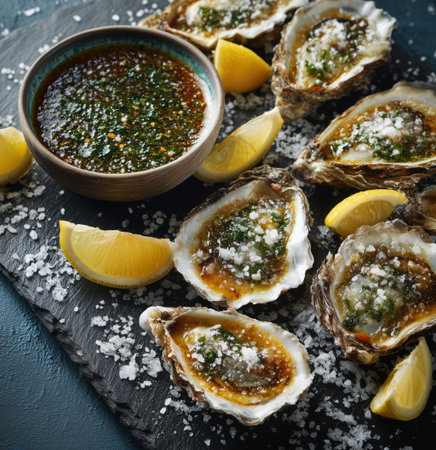 Succulent oysters rest on a dark stone surface, accompanied by lemon wedges and a bowl of green dipping sauce. The scene exudes a fresh seafood vibe.の素材