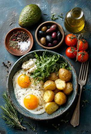 A delicious breakfast bowl features a fried egg, roasted tomatoes, golden potatoes, olives, arugula, and olive oil on a rustic table. Perfect for a morning meal.の素材