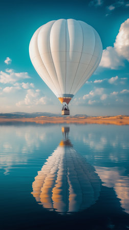 A hot air balloon drifts peacefully above clear water during sunset, reflecting the vibrant colors of the sky and mountains surrounding the tranquil scene.の素材