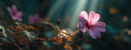 A single pink flower stands out against green foliage, illuminated by soft rays of sunlight that create a serene atmosphere in the garden.の素材