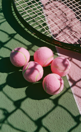 Six vibrant pink tennis balls rest on a green tennis court, casting playful shadows from a nearby net. The scene captures a sunny day of athletic fun.の素材
