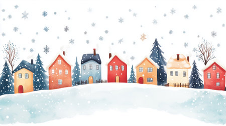 In a peaceful village, colorful houses stand amidst a snow-covered landscape. Snowflakes gently fall, creating a calm, winter atmosphere with evergreen trees in the background.の素材