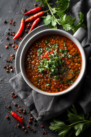 A bowl of spicy soup is placed on a dark surface, surrounded by vibrant red chilies and fresh green herbs, creating an appetizing and colorful display.の素材