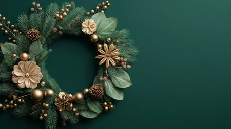 A stunning holiday wreath features gold ornaments, dried flowers, and pine elements on a rich green background. Perfect for festive decor during the winter season.の素材