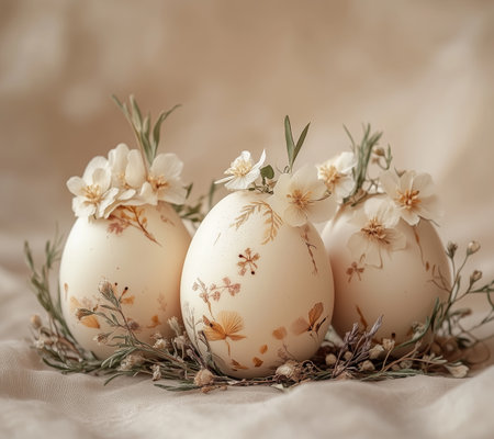 Three beautifully decorated eggs adorned with small flowers and greenery are displayed on a soft fabric background. These elegant pieces are ideal for festive spring events.の素材