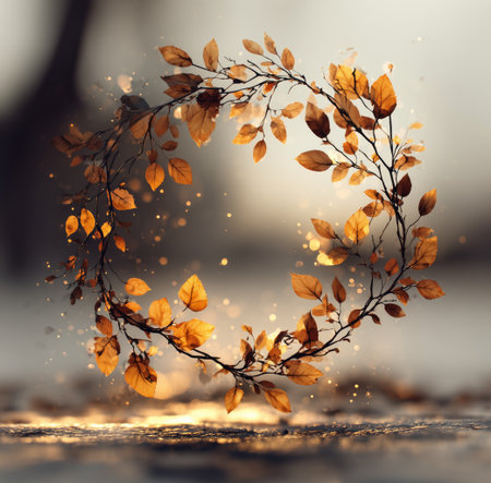 Golden and brown leaves form a circular wreath against a soft, blurred background representative of an autumn landscape. The scene captures a serene moment filled with natures beauty.の素材