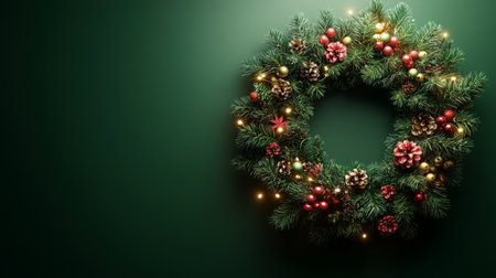 Sturdy Christmas wreath adorned with a bright red bow, shiny ornaments, and festive flowers. Perfect for holiday decoration on doors or walls, bringing seasonal warmth.の素材