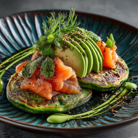 A vibrant dish features layers of green pancakes topped with fresh avocado slices and smoked salmon. Edible flowers and herbs add a touch of elegance to the presentation.の素材