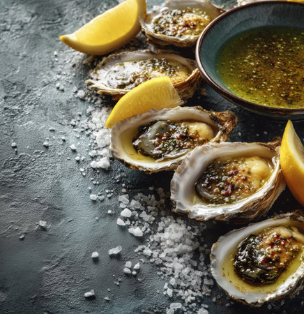 Succulent oysters rest on a dark stone surface, accompanied by lemon wedges and a bowl of green dipping sauce. The scene exudes a fresh seafood vibe.の素材