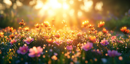 Vibrant flowers fill the meadow, soaking up the warm sunlight as the golden hour enhances their colors. This picturesque scene highlights the beauty of nature in late afternoon.の素材