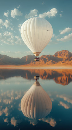 A hot air balloon drifts peacefully above clear water during sunset, reflecting the vibrant colors of the sky and mountains surrounding the tranquil scene.の素材