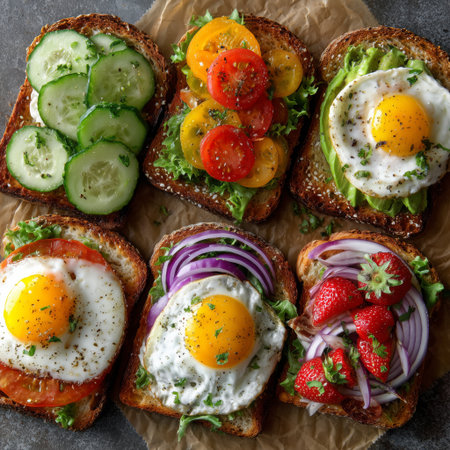 A variety of toasted bread topped with fresh vegetables, eggs, and fruits is arranged on a wooden board. The meal showcases bright colors and healthy ingredients, perfect for brunch.の素材