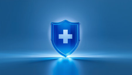 A blue shield featuring a medical cross symbol glows against a dark background, representing health, safety, and protection. This visual emphasizes the importance of medical security.の素材