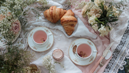 Two delicate teacups with pink tea sit on a beautifully arranged table alongside fresh croissants and flowers. This peaceful scene captures a delightful moment of relaxation.の素材