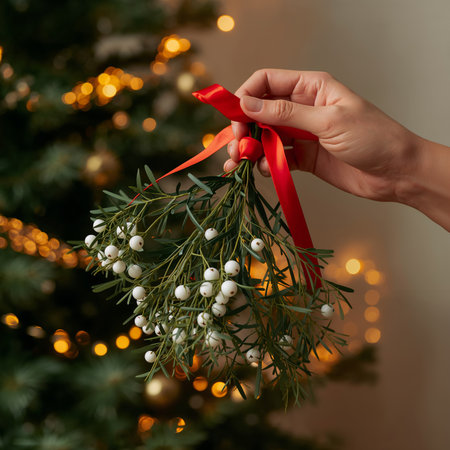 A hand grasps a bunch of mistletoe tied with a red ribbon while standing near a beautifully lit Christmas tree. The warm lights create a festive atmosphere.の素材