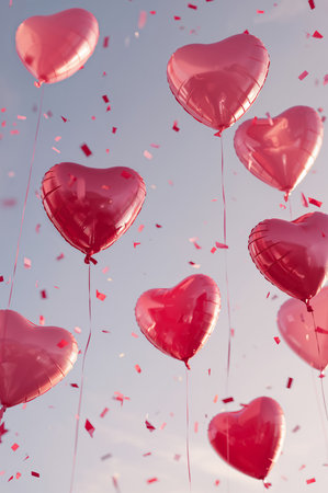 Bright red and pink heart-shaped balloons hover against a clear sky, creating a festive atmosphere. These decorations bring joy to the event, capturing a romantic spirit.の素材