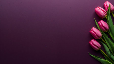 Five vibrant pink tulips with green leaves lie gracefully on a rich purple background, creating a fresh spring ambiance. Perfect for floral arrangements or decorations.の素材