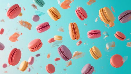 Delicious macarons in various flavors and colors are suspended in the air, creating a fun and vibrant scene that highlights these popular French sweets.の素材