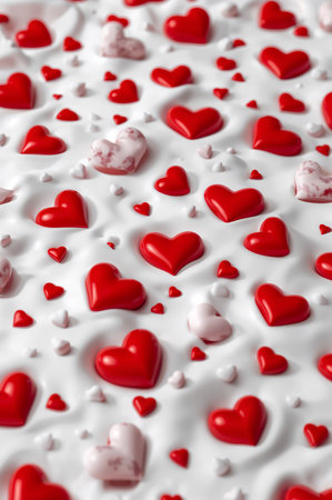Bright red hearts of various sizes cover a smooth white surface, creating a cheerful and festive atmosphere perfect for events like Valentines Day or romantic gatherings.の素材