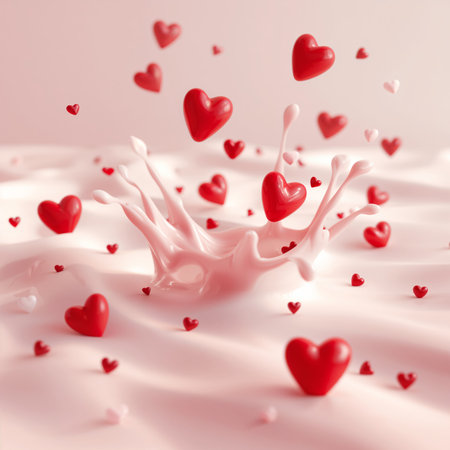 Red and white hearts float and splash in a creamy liquid, creating a whimsical scene. The soft pink background adds a romantic touch to this playful display.の素材