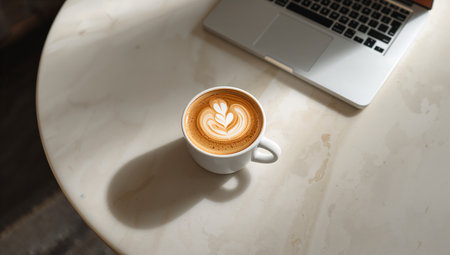 A steaming cup of coffee sits on a smooth table beside a laptop, creating a warm and inviting workspace during the afternoon. Natural light fills the scene, enhancing the mood.の素材