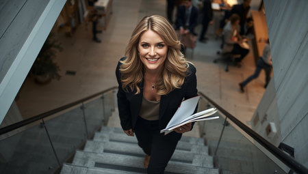 A confident businesswoman with long hair climbs stairs in a contemporary office. She holds folders and smiles warmly, surrounded by colleagues engaged in work.の素材